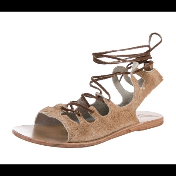 ANCIENT GREEK Tan Calf Hair Lace-up Sandals Sz 6 - Picture 1 of 6